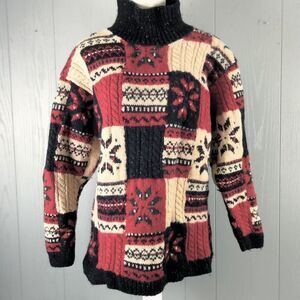 Jones New York‎ Hand Knit Wool Sweater Womens M Chunky Patchwork Thick Christmas
